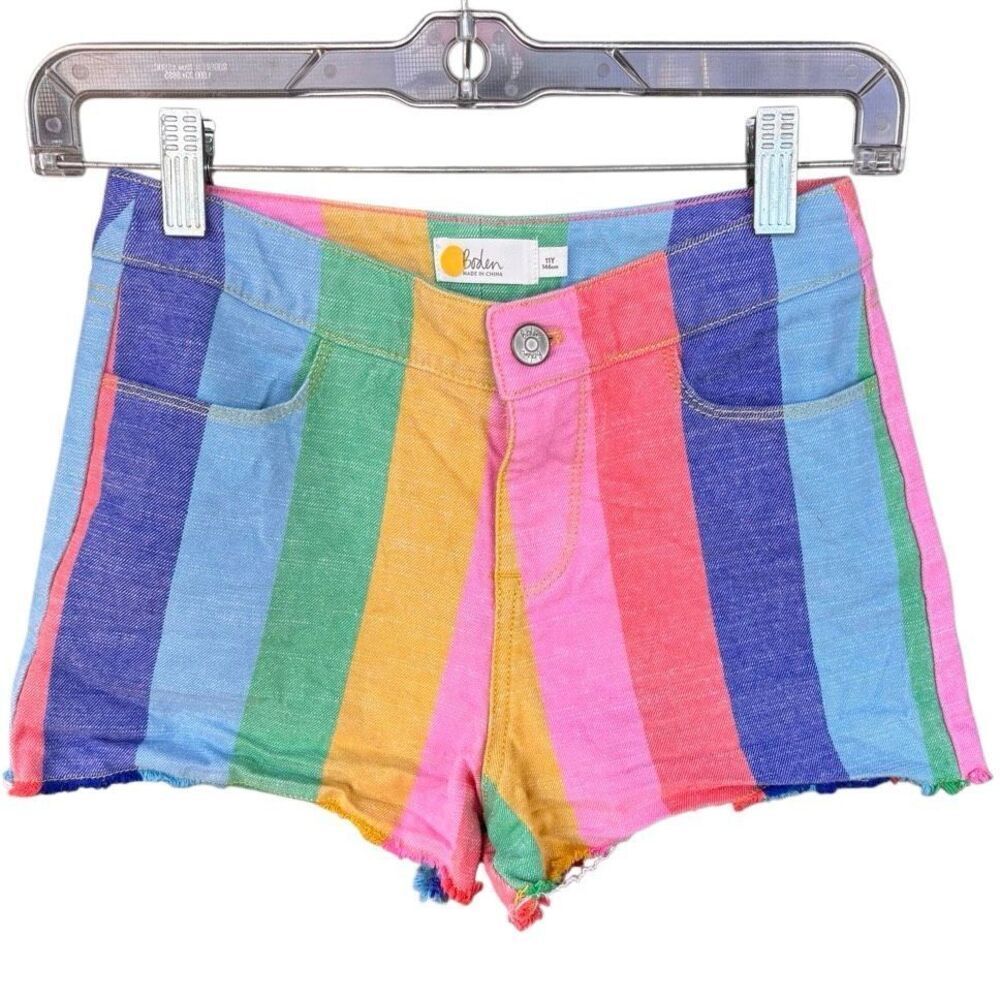 Boden Color Block Rainbow Stripes Denim Jean Shorts Girl Sz 11Y Adjustable Waist